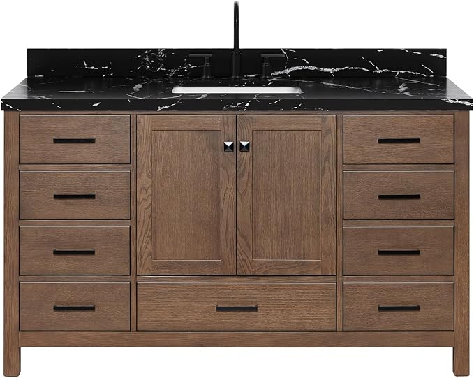 ARIEL Cambridge 60 Inch Single Rectangle Sink Bathroom Vanity with Nero Marquina Black Quartz Countertop 1.5 Inch in Brown Oak