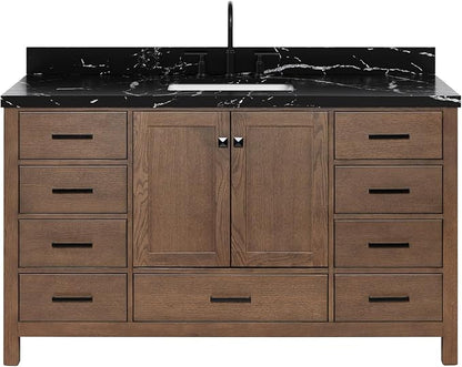 ARIEL Cambridge 60 Inch Single Rectangle Sink Bathroom Vanity with Nero Marquina Black Quartz Countertop 1.5 Inch in Brown Oak