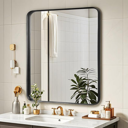 Fabuday Black Bathroom Vanity Mirror - 28x32 Inch Wall Mounted Mirror for Over Sink, Matte Metal Framed Mirrors, Rounded Rectangle Design, Horizontal or Vertical Hanging