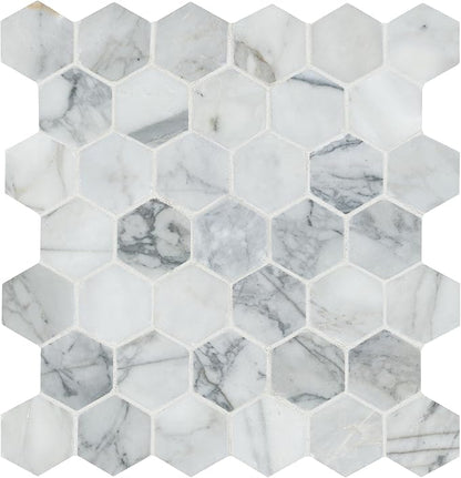 MSI Calacatta Cressa 12 in. x 12 in. Hexagon Honed Marble Tile – Kitchen Backsplash, Bathroom Wall, Accent or Shower Wall, Mesh-Mounted Mosaic, White