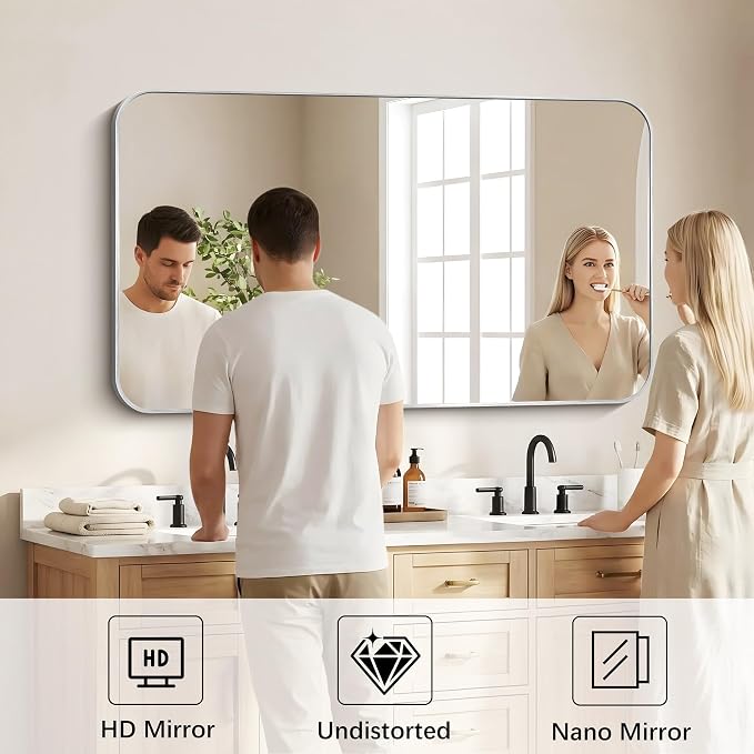 DESBING 50"x30" Bathroom Mirror for Over Sink, Silver Framed Wall Mirror | High-Definition Shatterproof Vanity Mirror with Rounded Corner for Bedroom Living Room Entryway Horizontally or Vertically