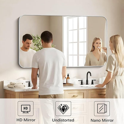 DESBING 50"x30" Bathroom Mirror for Over Sink, Silver Framed Wall Mirror | High-Definition Shatterproof Vanity Mirror with Rounded Corner for Bedroom Living Room Entryway Horizontally or Vertically