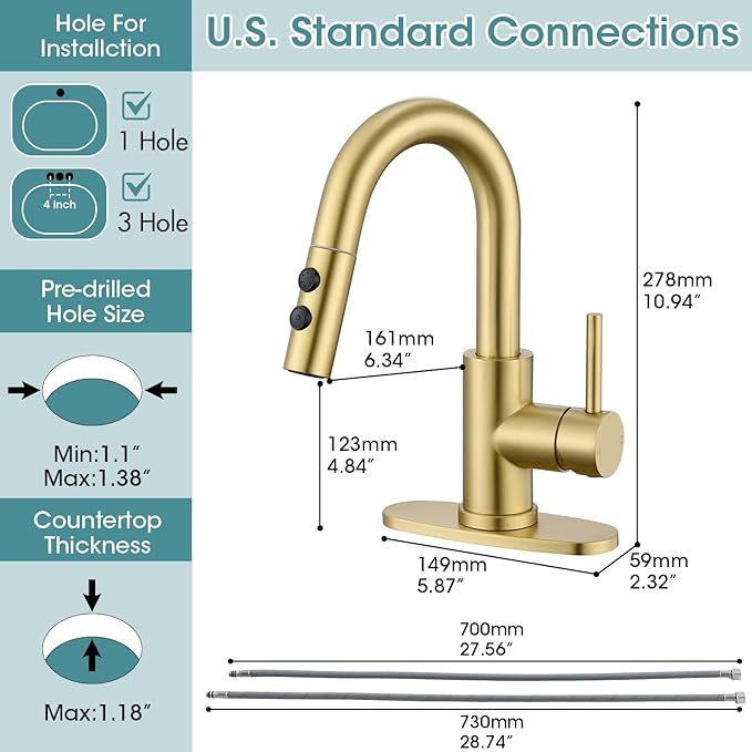 Gold Bathroom Faucet with Pull Down Sprayer, Single Hole Bathroom Faucet with Pop-up Drain and Flexible Hoses, 1 Handle Sink Faucets for Vanity, Modern Farmhouse, Vanity, Restroom