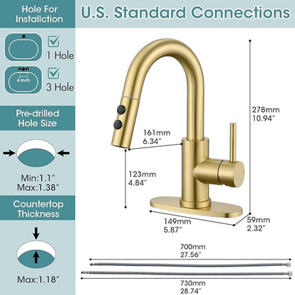 Gold Bathroom Faucet with Pull Down Sprayer, Single Hole Bathroom Faucet with Pop-up Drain and Flexible Hoses, 1 Handle Sink Faucets for Vanity, Modern Farmhouse, Vanity, Restroom