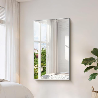 YIROMAN Bathroom Mirror 50"x30", Large Brushed Silver Bathroom Mirror for Over Sink with Aluminum Frame, Rectangular Vanity Mirror with Right Angle, Wall Mirror Hangs Horizontal or Vertical