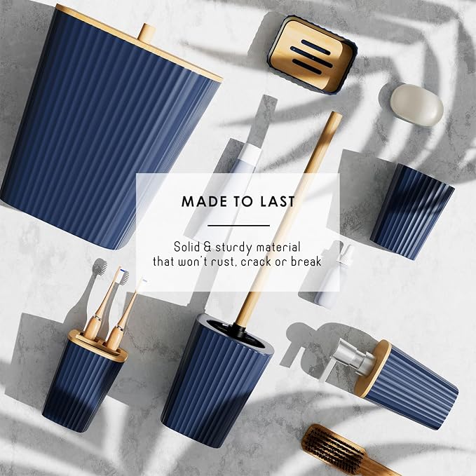 Clara Clark Bathroom Set, Shower Curtain Set, Bathroom Accessory Set | 20 Piece Navy Blue Bathroom Accessories Set with Toothbrush Holder, Soap Dispenser, Soap Dish, Toilet Brush, and Trash Can
