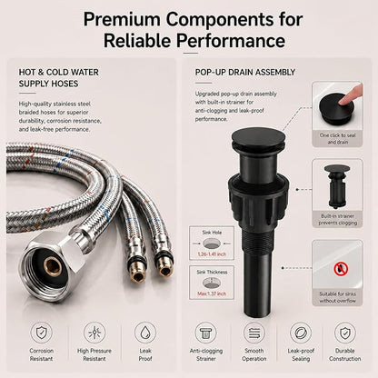 VOTON Vessel Sink Faucet Matte Black Modern Tall Waterfall Bathroom Sink Faucet with Pop-Up Drain Single Handle Bathroom Faucet 1 Hole Bowl Lavatory Vanity Faucet, Rv Sink Camper Farmhouse Faucet