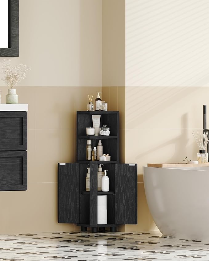 Corner Cabinet, Small Bathroom Corner Cabinet with Doors, Narrow Storage Cabinets with Adjustable Shelves, Bathroom Organizers and Storage for Small Space, Black BC21004X