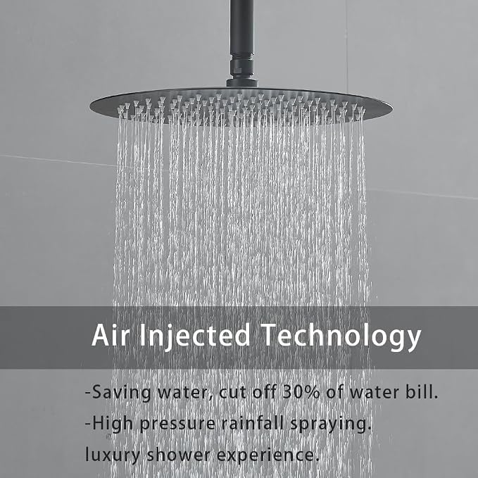 Shower Faucet Set Matte Black 10 Inch Round Ceiling Mount Rainfall Shower System with 2 Rain Shower Head and Handheld Head Push Button Diverter Shower Trim Kit and Rough-in Valve Body