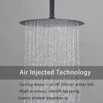 Shower Faucet Set Matte Black 12 Inch Round Ceiling Mount Rainfall Shower System with 2 Rain Shower Head and Handheld Head Push Button Diverter Shower Trim Kit and Rough-in Valve Body