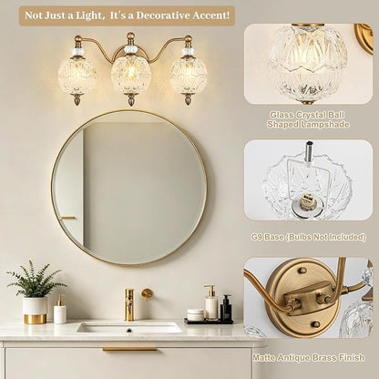 Vintage Bathroom Vanity Light, 3-Light Mid Century Matte Antique Brass Finish Wall Sconce with Globe Glass Shades, Retro Mirror Light for Bathroom, Powder Room