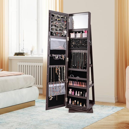 LOKO 360° Rotating Jewelry Armoire, Freestanding Jewelry Cabinet with Inside Makeup Mirror, 2-in-1 Lockable Jewelry Organizer w/Full-Length Mirror for Women (Espresso)