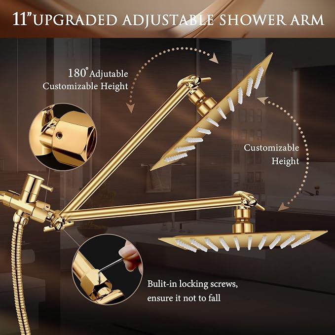 10" Gold Shower Head with Handheld, 5 Spray Handheld with 11" Extension Arm | High Pressure Rainfall Shower Head/Handheld Shower Combo with Adjustable Arm, 60" Hose Anti-leak (Gold)