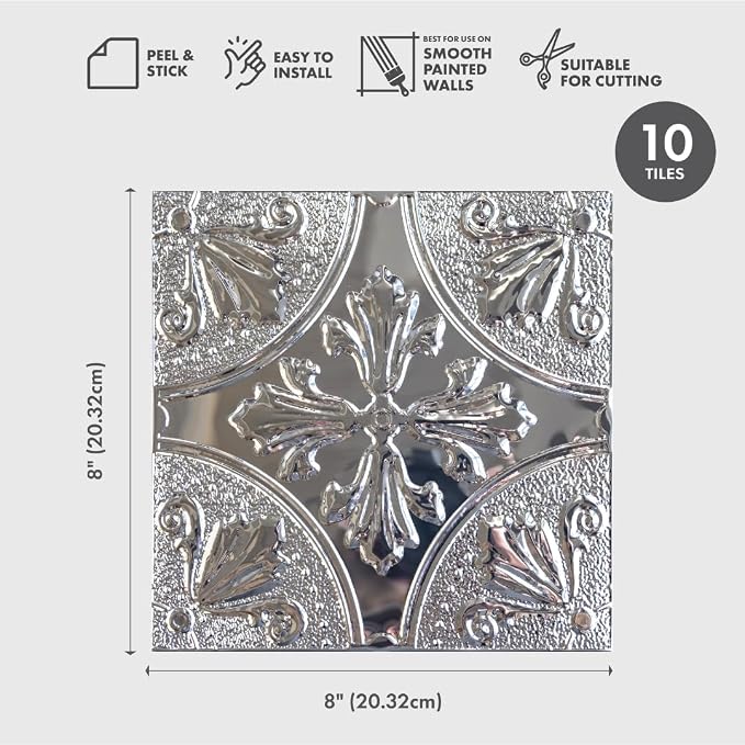Peel and Stick Metal Backsplash Tiles, Silver Fleur, 10-Pack | 8 x 8 in tile size; Covers up to 4.44 sq ft; Aluminum; Water-resistant surface; For kitchens, ceilings, DIY projects