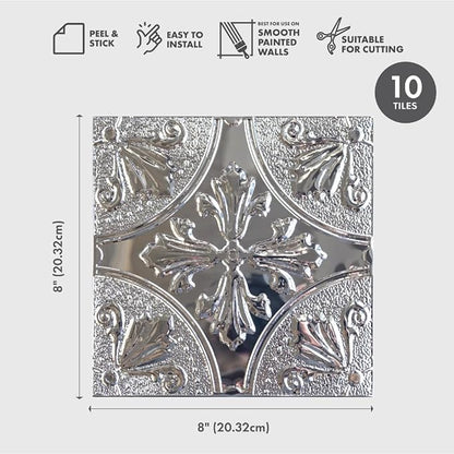 Peel and Stick Metal Backsplash Tiles, Silver Fleur, 10-Pack | 8 x 8 in tile size; Covers up to 4.44 sq ft; Aluminum; Water-resistant surface; For kitchens, ceilings, DIY projects