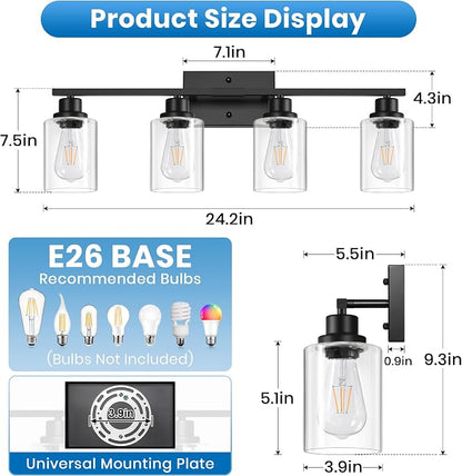 Ascher 4 Light Bathroom Light Fixture, Matte Black Bathroom Lighting Fixtures Over Mirror, Vanity Light with Clear Glass Shade, Wall Sconce for Living Room Bedroom Cabinet, E26 Base