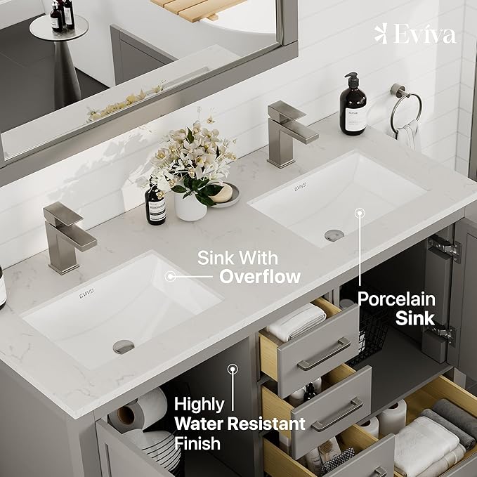 Eviva London 48 Inch Double Vanity - Grey Bathroom Vanity with Top and Sink - Undermount Porcelain Sink Combo - Quartz Countertop