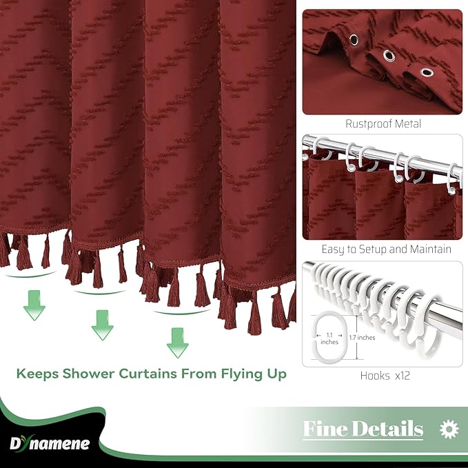 Dynamene Boho Farmhouse Shower Curtain, Burgundy Fabric Tufted Chevron Striped Textured Tassel Shower Curtains for Bathroom, Shabby Chic Waterproof Cloth Shower Curtain Set with Hooks, 72x72