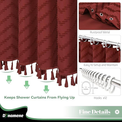 Dynamene Boho Farmhouse Shower Curtain, Burgundy Fabric Tufted Chevron Striped Textured Tassel Shower Curtains for Bathroom, Shabby Chic Waterproof Cloth Shower Curtain Set with Hooks, 72x72