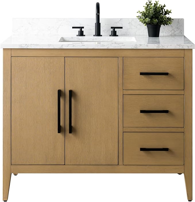 HomeBeyond 42 Inch Bathroom Vanity with Sink & Ceramic Top, Single Vanity Cabinet with Basin, Soft-Closing Doors & Matte Black Hardware, Natural Oak