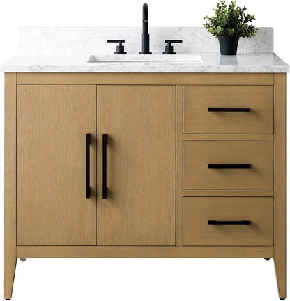 HomeBeyond 42 Inch Bathroom Vanity with Sink & Ceramic Top, Single Vanity Cabinet with Basin, Soft-Closing Doors & Matte Black Hardware, Natural Oak