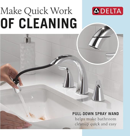 Delta Arvo Chrome Bathroom Faucet with Sprayer, 8 Inch 3 Hole Widespread Bathroom Sink Faucet with Pull Out Sprayer, Push-Pop Drain, Chrome 35840LF-PD