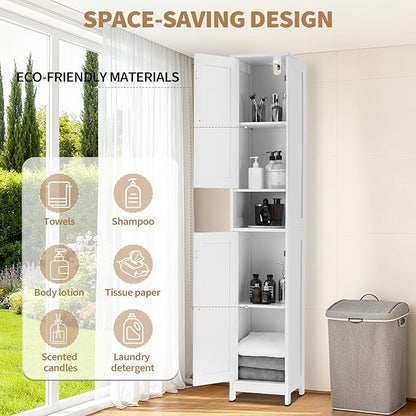 GarveeHome Tall Narrow Bathroom Cabinet, 66.9" Small Skinny Bathroom Storage Cabinet for Small Spaces | Freestanding Water Resistant Organizer for Bathroom, Kitchen, Hallway (2 Doors, White)