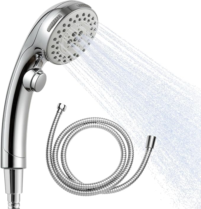 OFFO Shower Head with Hose, 5 Mode Handheld Shower Head with On Off Switch for Water Saving, High Flow Powerful Boosting Showerheads with 60" Stainless Steel Hose, Chrome