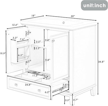 LUMISOL 30" Bathroom Vanity with Sink Set, Modern Single Bathroom Cabinet with Storage Doors and Drawer, Solid Wood Bathroom Vanity with Ceramic Sink, Grey