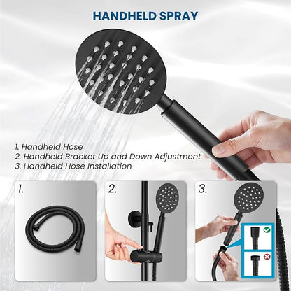 gotonovo Outdoor Shower 304 Stainless Steel, Matte Black, Lever Handle | Rain 8 Inch Outdoor Shower Head with Handheld Kit Fixtures System Faucet Set with Valve Wall Mount for Seaside Backyard Pool