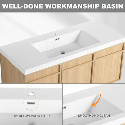 48" Wall Mounted Bathroom Vanity with Resin Sink, Floating Vanity with 3 Soft Closing Doors, Original Oak Plywood (KD-Packing)