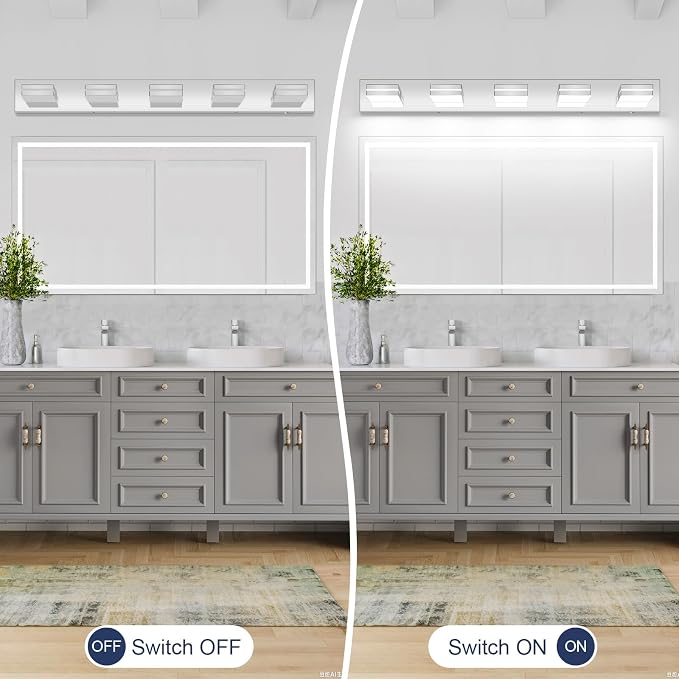Bathroom Vanity Lighting Fixtures Over Mirror (5-Light, 40-Inch) Modern LED Bathroom Wall Lighting Fixtures, Chrome (Cool White 6000K)