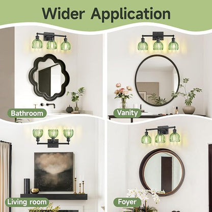 Bathroom Lighting Fixtures Over Mirror,3 Light Vintage Vanity Light,20 in Antique Black Bathroom Sconce with Green Tulip Glass Shade for Bedroom Living Room,Dressing Table,Hallway,E26 Base