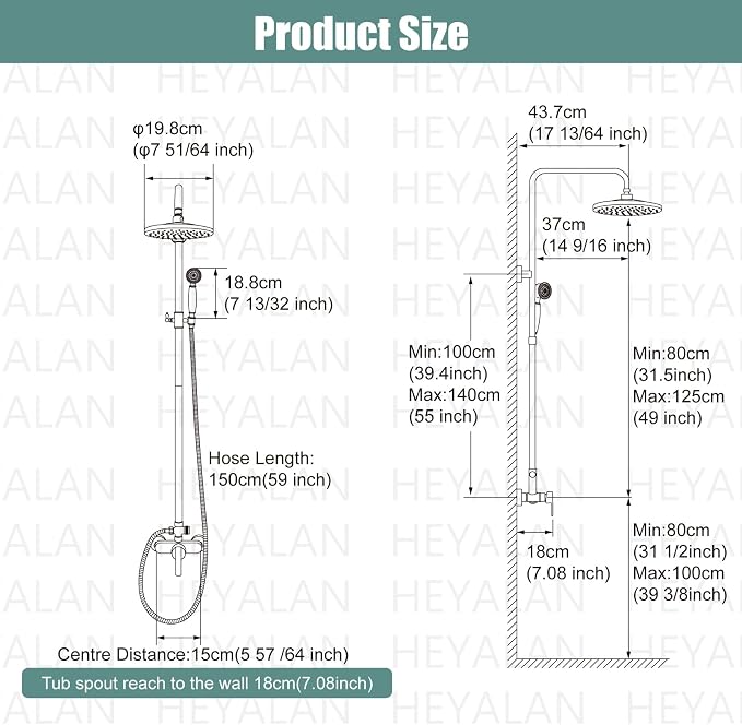 Heyalan Exposed Shower System, 8 Inch Rain Head, Handheld, Matte Black | Exposed shower system with 8 inch rain head, handheld sprayer, single handle control, and complete wall-mounted setup.