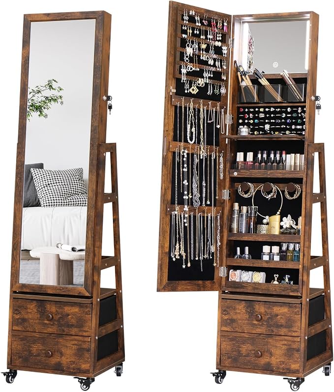 Rotating Jewelry Cabinet with Vanity Mirror Jewelry Armoire Lockable | Full Length Mirror with Storage Jewelry Organizer Standing Mirror with Drawers Wheels Christmas Gift for Girl Rustic Brown