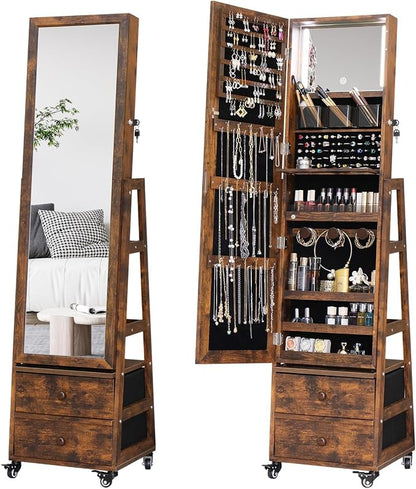 Rotating Jewelry Cabinet with Vanity Mirror Jewelry Armoire Lockable | Full Length Mirror with Storage Jewelry Organizer Standing Mirror with Drawers Wheels Christmas Gift for Girl Rustic Brown