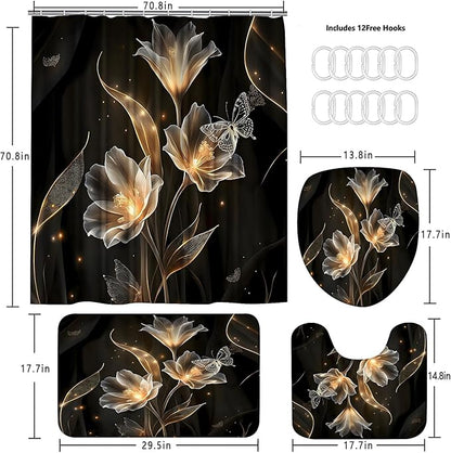 AZHM Floral Butterfly Pattern Shower Curtain for Bathroom 4 PCS Bathroom Decor Sets with Shower Curtain and Rugs and Accessories with 12 Hooks