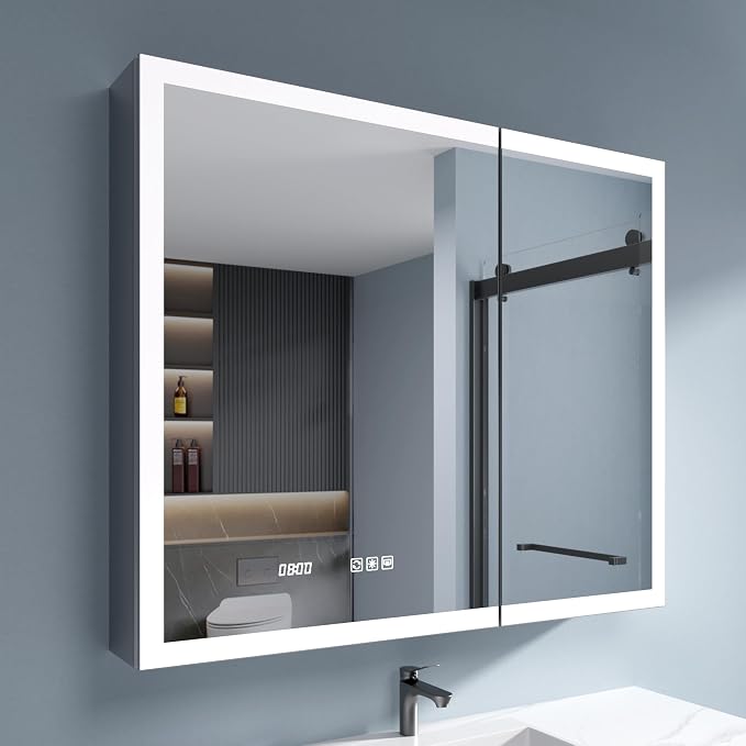 LED Medicine Cabinet 24x30 Anti-Fog Mirror Dimmable Recessed Mount | 3 Color Dimmable LED. Time Temp Display. Anti-Fog IP44. 2 Outlets+2 USB. Plug-in/Hardwired. Recessed/Wall Mount.
