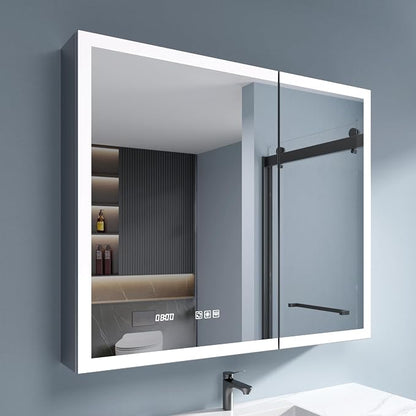 LED Medicine Cabinet 24x30 Anti-Fog Mirror Dimmable Recessed Mount | 3 Color Dimmable LED. Time Temp Display. Anti-Fog IP44. 2 Outlets+2 USB. Plug-in/Hardwired. Recessed/Wall Mount.