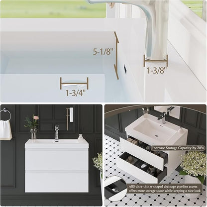 Bathroom Vanity with Sink, 30" Wall-Mounted Bathroom Storage Cabinet with Resin Basin & 2 Soft-Close Drawers, Modern Stylish Floating Vanity with Open Back Design, Easy to Clean, White
