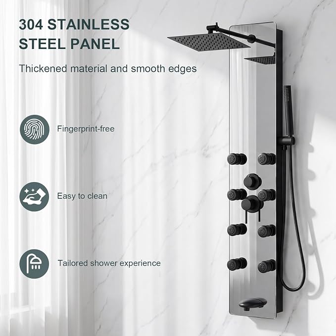 Shower Panel - Adjustable Rainfall Head, Black | Stainless Steel and Glass, Multifunction Shower Panels Tower System, Handheld Shower 2-Setting Body Jets, Tub Spout