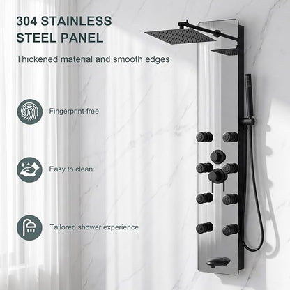 Shower Panel - Adjustable Rainfall Head, Black | Stainless Steel and Glass, Multifunction Shower Panels Tower System, Handheld Shower 2-Setting Body Jets, Tub Spout