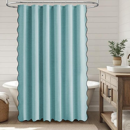 BTTN Extra Long Boho Scalloped Linen Textured Shower Curtain, 72x96, Teal | Extra Tall Size, 230GSM Waterproof Polyester, Heavy Duty Fabric, 12 Plastic Hooks, Elegant Farmhouse Style, Machine Washable