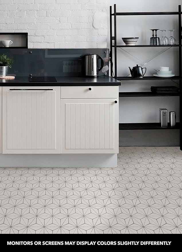 FloorPops FP2481 Kikko Peel Stick Floor Tiles, White & Off-White