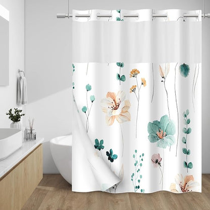 No Hook Floral Shower Curtain with Liner, Teal, 71x74 | Snap in Liner, 3 in 1, Water Repellent, Easy Install, Machine Washable, Hotel Style for Bathroom, Watercolor Pattern