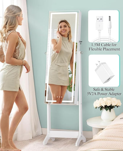 LUXFURNI Standing Jewelry Armoire Cabinet with Full‑Length Mirror Storage | 3‑Color LED Lights, 3 Brush Holders, 3 Adjustable Tilt Angles, True‑to‑View Glass, USB‑Powered Supply, Lockable Design