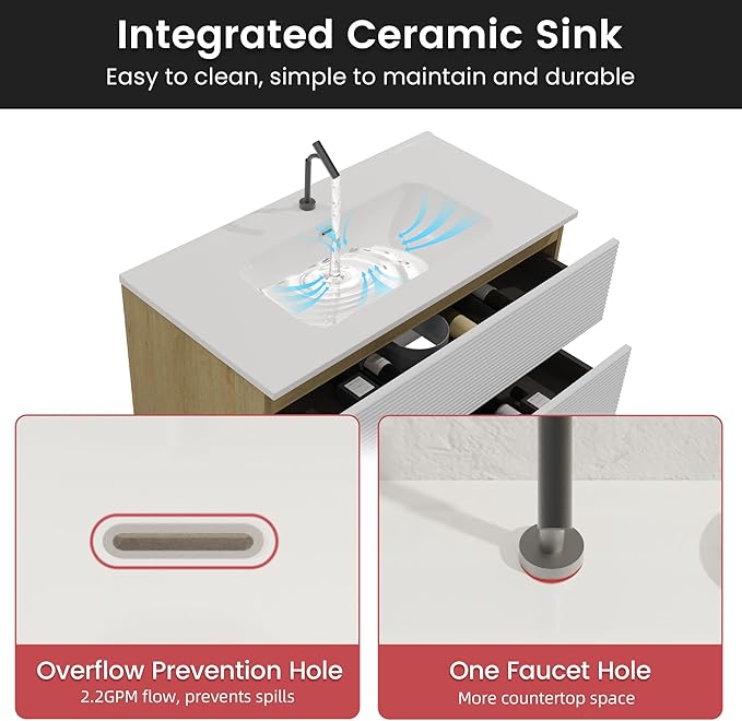 36'' Floating Bathroom Vanity with Sink Combo, Modern Bathroom Cabinet with 2-Soft Close & Large Storage Drawers, for Bath, Apartment, Hotel, White and Natural (Already Assembled)
