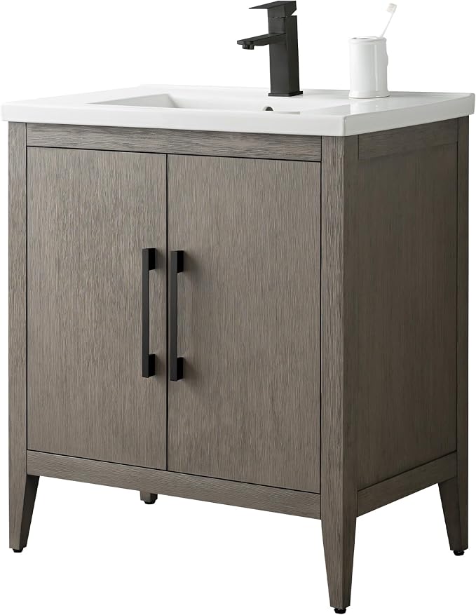 30 Inch Bathroom Vanity with Sink & Ceramic Top, Single Vanity Cabinet with Basin, Soft-Closing Doors & Matte Black Hardware, Driftwood Gray