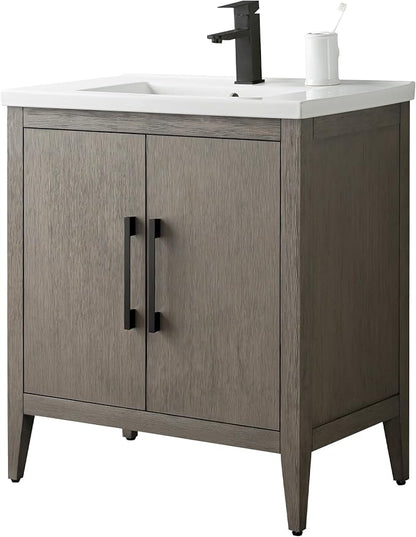 30 Inch Bathroom Vanity with Sink & Ceramic Top, Single Vanity Cabinet with Basin, Soft-Closing Doors & Matte Black Hardware, Driftwood Gray