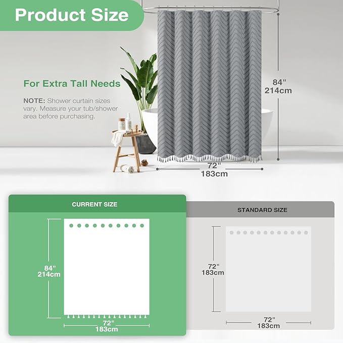 Dynamene Extra Long Shower Curtains, 84 Inches Long Boho Tufted Chevron Striped Fabric Shower Curtains for Bathroom, Tall Minimalist Chic Waterproof Cloth Shower Curtain Set with Hook, Grey, 72x84